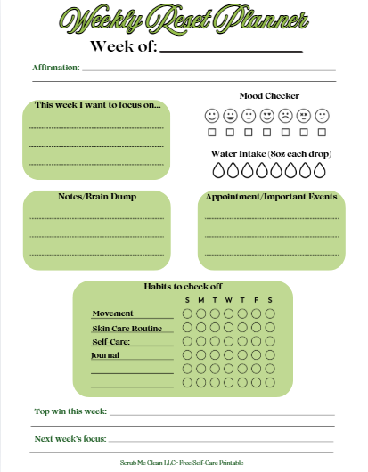 Scrub Me Clean's Weekly Reset Planner
